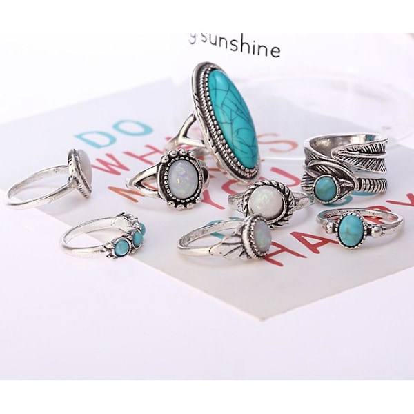 Vintage Boho Blå Stein Turkis Ringer Etniske Stiler Finger Ring Sett Smykker