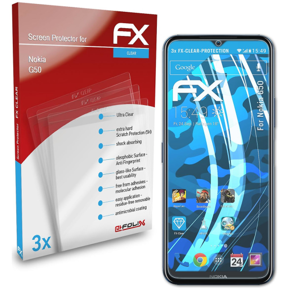 atFoliX 3x beskyttelsesfolie kompatibel med Nokia G50 Displaybeskyttelsesfolie klar