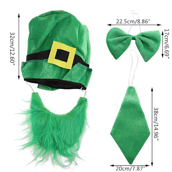 Pyhän Patrickin päivän cosplay-asusetti, silinterihattu parralla, vihreä rusetti ja solmio