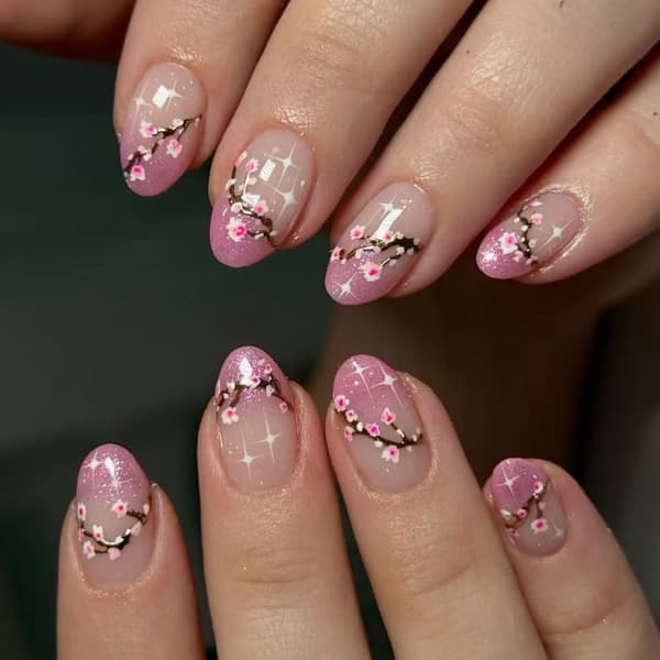 24 stk. Elegante franske negle med glitter til kvinder og studerende