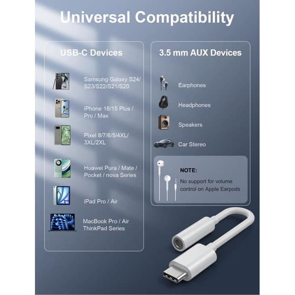 USB-C til 3,5 mm jack audioadapter – Sæt med 2 Hi-Fi, konverter til hovedtelefoner