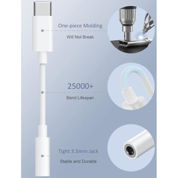 USB-C til 3,5 mm jack audioadapter – Sæt med 2 Hi-Fi, konverter til hovedtelefoner
