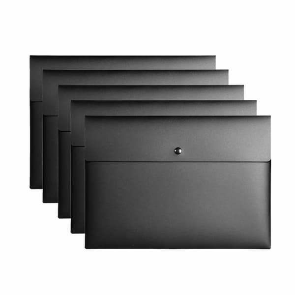 Set med 5 plastfickor för A4-dokument med tryckknapp (Svart)
