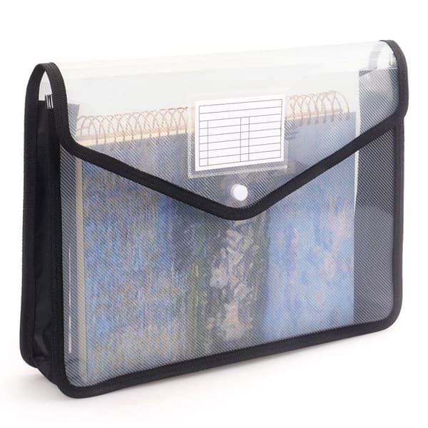 Plastikmappe med klapper, A4-format, lukning med trykknap, uden inddelere, stor kapacitet.