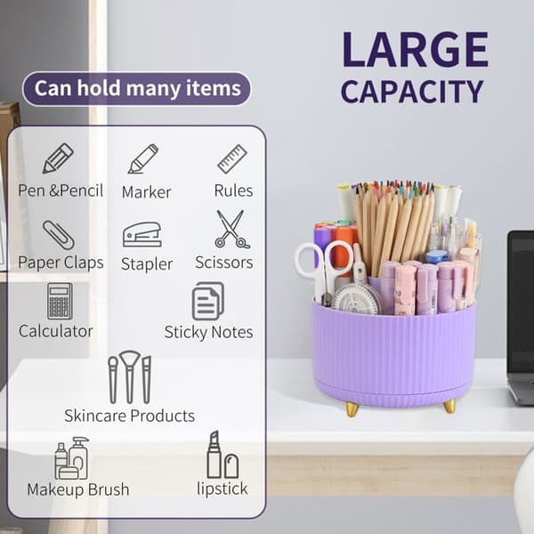 360° roterende blyantholder – Design med 5 rum – Sødt kontoraccessory | Stor kapacitet (Lilla)