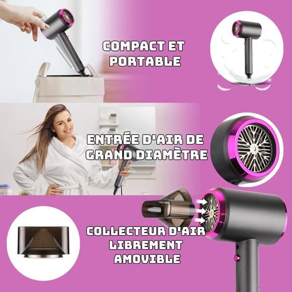 Professionel hårtørrer - GRANDSALEY - Mini 1250W - Negative ioner - Let 350 g - 3 indstillinger