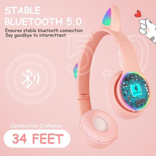 Bluetooth sammenklappelige høretelefoner - GRANDSALEY - LED katteører - Begrænser 84 dB - Batterilevetid 10 timer - Jack 3,5 mm