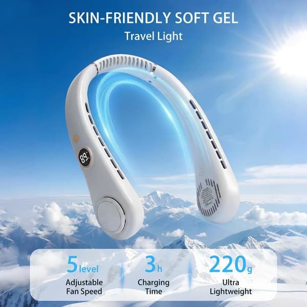 Nackfläkt - GRANDSALEY - Bärbar LED - Bladlös - 5 hastigheter - Luftflöde 360° Vit