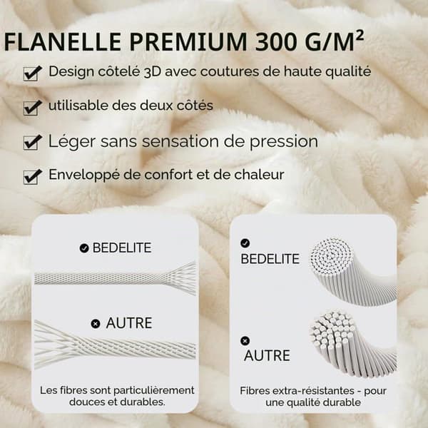 Enkel sängövertäckning - GRANDSALEY - Randig - Krämvit - 150 x 200 cm - Extra fin flanell Vit grädde