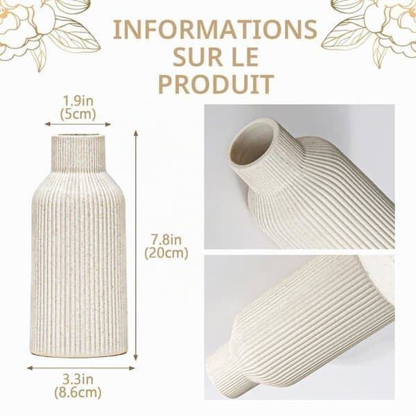 Vas, 20 cm, keramik, matt vit, bohemisk stil, estetisk design (beige).