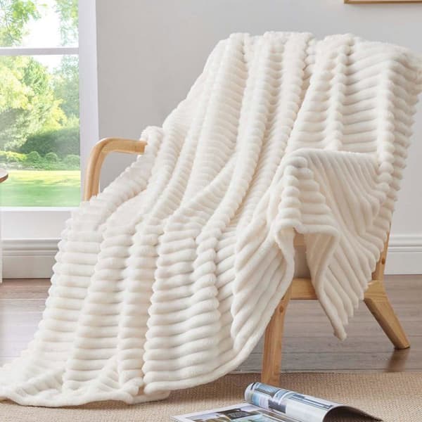 Enkel sängövertäckning - GRANDSALEY - Randig - Krämvit - 150 x 200 cm - Extra fin flanell Vit grädde