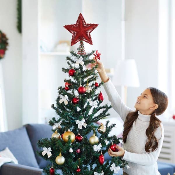Rød stjerneformet juletræspynt, glitrende hulstjerne på 23 cm