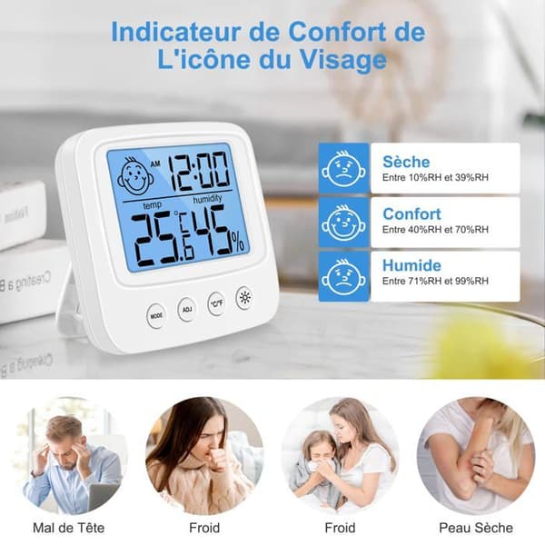 Indendørs digital termometer-hygrometer - GRANDSALEY - Standardmodel - Baggrundsbelysning - Ur - Komfortindikator