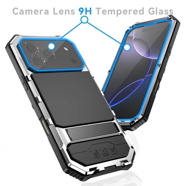 Cover til iPhone 18 Pro (2026) med kickstand og objektivbeskyttelse; aluminiumlegering, stødabsorberende, sølv.