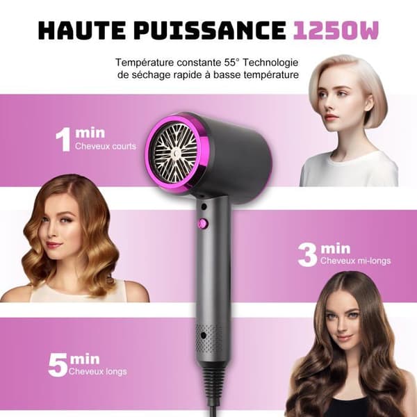 Professionel hårtørrer - GRANDSALEY - Mini 1250W - Negative ioner - Let 350 g - 3 indstillinger