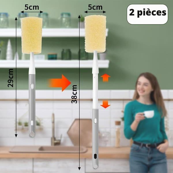 Pullonharjat - GRANDSALEY - 2 harjan setti - Laajennettava varsi 29–38 cm - 5 cm vaahtomuovipää
