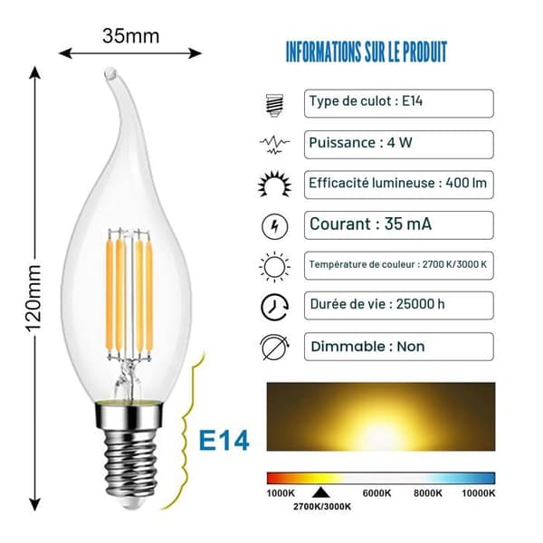 Ampullilamppu LED - GRANDSALEY - C37 - E14 - 4W 470 lm - 2700K lämmin valkoinen (10 kpl) Vit varm
