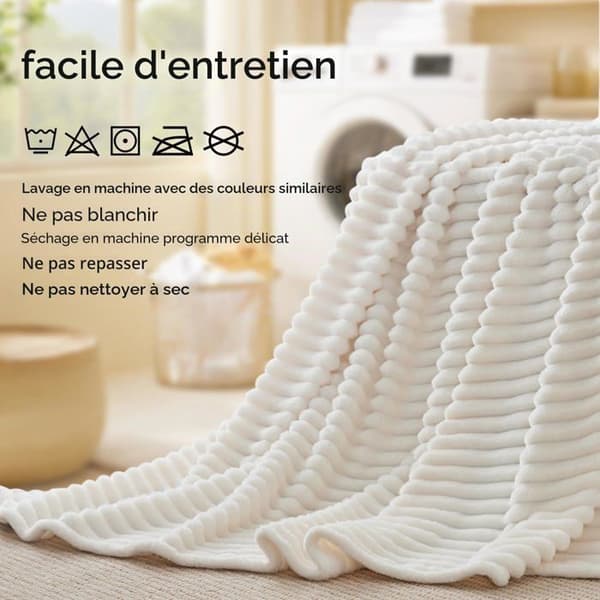 Enkel sängövertäckning - GRANDSALEY - Randig - Krämvit - 150 x 200 cm - Extra fin flanell Vit grädde