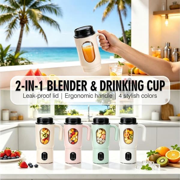 Bærbar blender - GRANDSALEY - 580 ml - 12 rustfrie stålblade - 3000 mAh USB-C batteri - 4 hastigheder