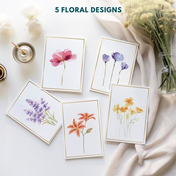Tomma gratulationskort - GRANDSALEY - 30-pack - 5 blommönster - 10×15 cm - Papper 300 g/m² Vit