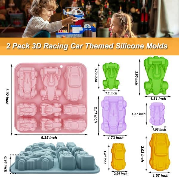 Set med 2 silikonformar i form av bilar – 3D-bakform med racingbilstema