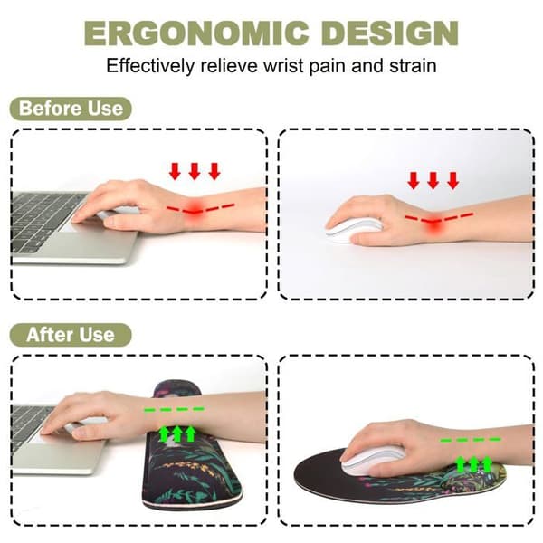 Ergonomiske musemåtter, håndledsstøtter til tastatur og håndledsstøtter i memory skum til computer tastatur.