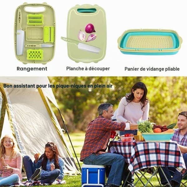 Camping skærebræt - GRANDSALEY - 9 i 1 - Sammenfoldelig - 5 tilbehør + 2 knive - Si kurv