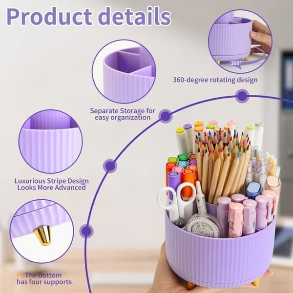 360° roterende blyantholder – Design med 5 rum – Sødt kontoraccessory | Stor kapacitet (Lilla)