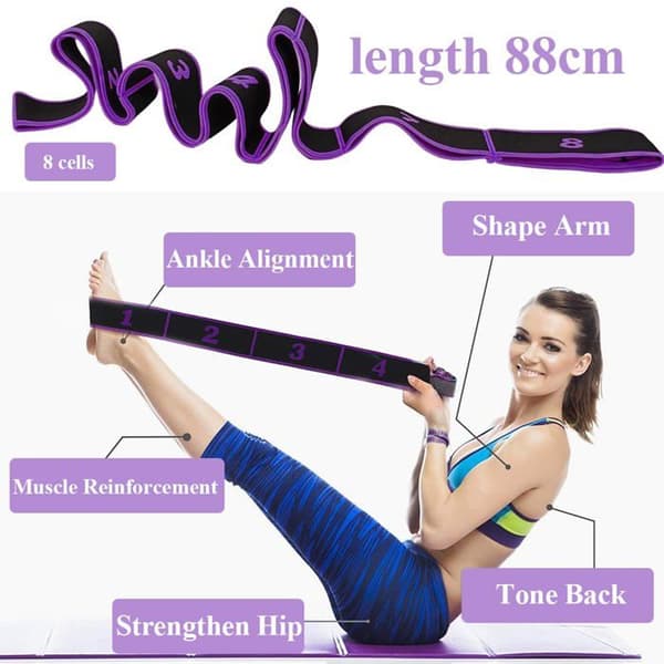 Yoga rem - GRANDSALEY - 8 ringe 88 cm - Lilla - Holdbart elastik - Multi-brug