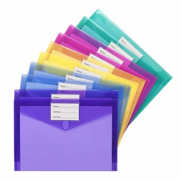 Sæt med 10 gennemsigtige polyesterlommer / plastmapper – A4-format med etiketholder