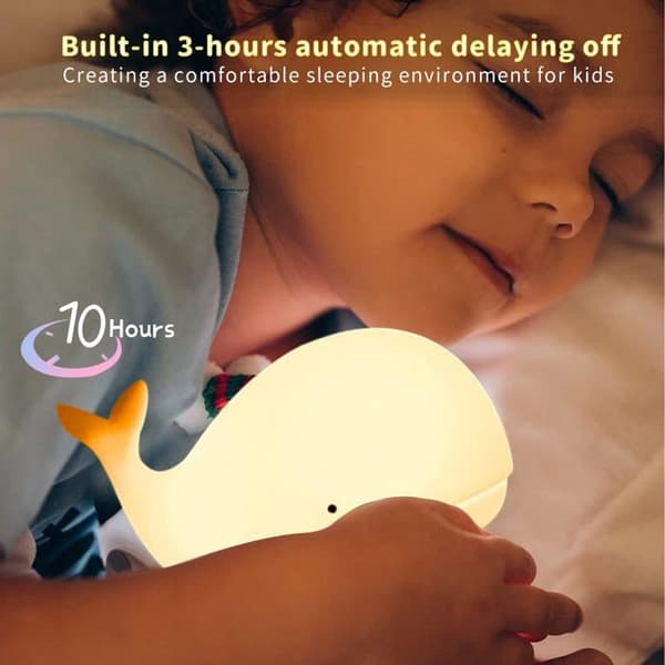 Silikone hval natlampe — 7 farver, justerbar lysstyrke og 3 timers timer