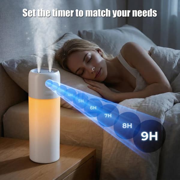 Bärbar luftfuktare med automatisk timer och torrskydd.