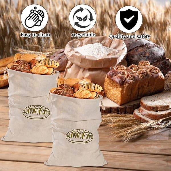 Set med 4 linbrödväskor med dragsnören - återanvändbara tygbrödväskor - 2 (30 x 40 cm) + 2 (14,5 x 63 cm)