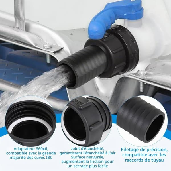 IBC-sovitin - GRANDSALEY - S60x6 kohti 2" - Kierre 60 mm → 50 mm - PP - PVC-tiiviste + 2 kiristintä