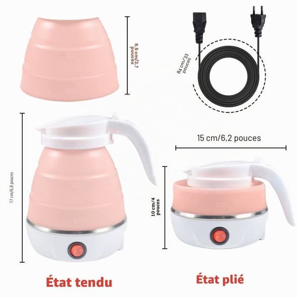 Foldbar elkedel - GRANDSALEY - 600 ml - Fødevare-silikone - Bund i rustfrit stål 304 - 600 W