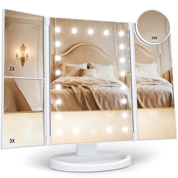 Makeup spejl - GRANDSALEY - Lysende triptyk - Forstørrelse x2/x3/x10 - Berøringskontroller - Justerbar LED