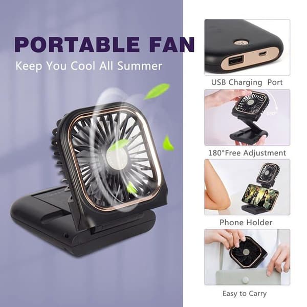 Mini-bærbar ventilator - GRANDSALEY - 5-i-1 model - 180° foldbar - 3000 mAh batteri - Telefonholder