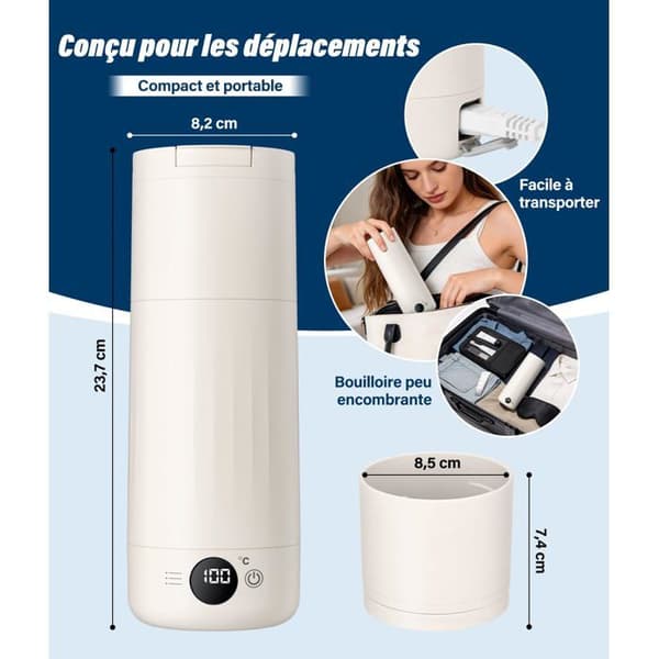 Rejse elkedel - GRANDSALEY - 500 ml - Inox 316 - 8 temperaturer - Touchscreen LCD