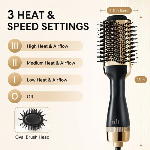 Hårborste med hårtork 4 i 1 med tre temperatur-/hastighetsinställningar (guld).