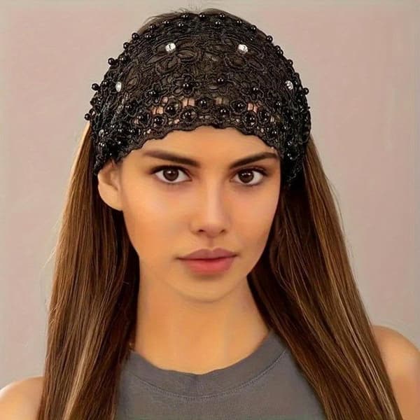 Bandeau Hår Blonde Perle Elastisk Sæt 3, Bred Hårbånd Kvinde 49x15 cm, Blå Sort Brun, Bryllup Aften