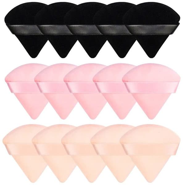 Sæt med 15 trekantede makeup-svampe — Bløde svampe til ansigtsmakeup (Sort, Rosa, Nude)
