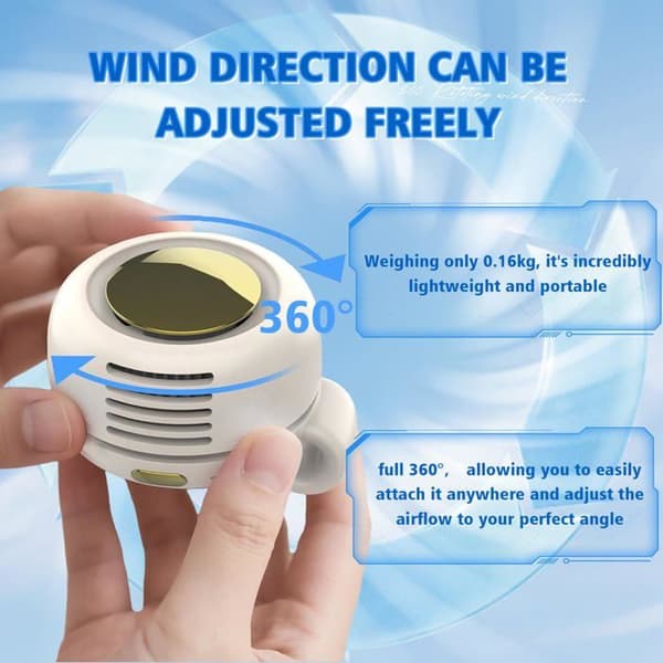 Bærbar ventilator - GRANDSALEY - Mini 2-i-1 - 360° klips - Halsbånd - 900mAh, 3 hastigheder