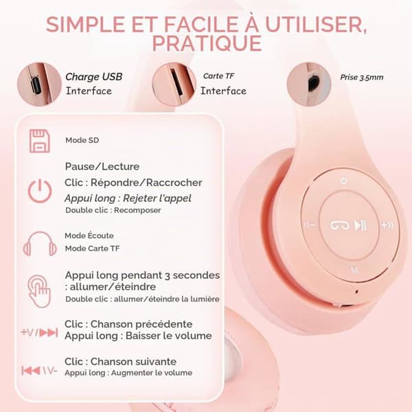 Bluetooth sammenklappelige høretelefoner - GRANDSALEY - LED katteører - Begrænser 84 dB - Batterilevetid 10 timer - Jack 3,5 mm