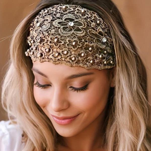 Bandeau Hår Blonde Perle Elastisk Sæt 3, Bred Hårbånd Kvinde 49x15 cm, Blå Sort Brun, Bryllup Aften