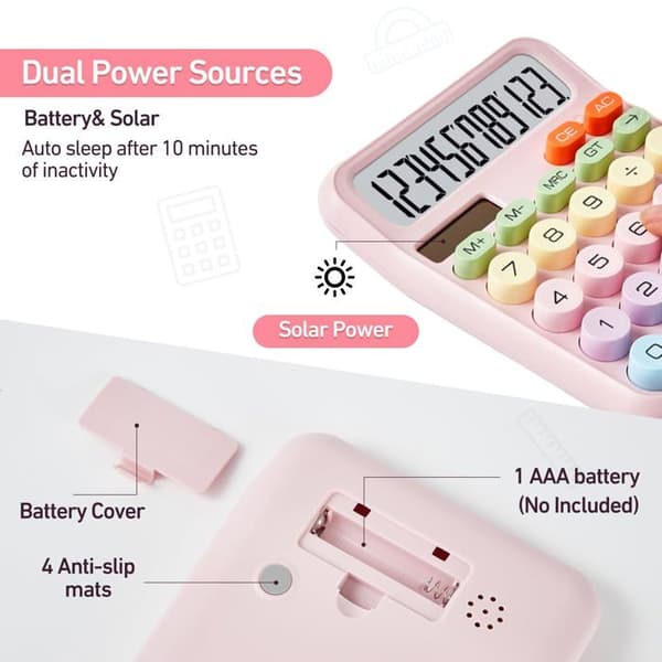Söt rosa mekanisk skrivbordskalkylator, drivs av två solpaneler och batterier.