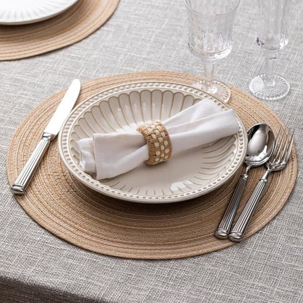 Runda bordsunderlägg - GRANDSALEY - Set om 6 - Flätade - Tvättbara och halkfria - Värmeresistenta beige