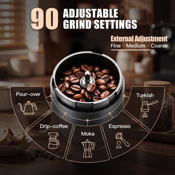 Bærbar kaffekværn - GRANDSALEY - USB-C model - 90 indstillinger - Keramiske koniske kværne - Automatisk slukning