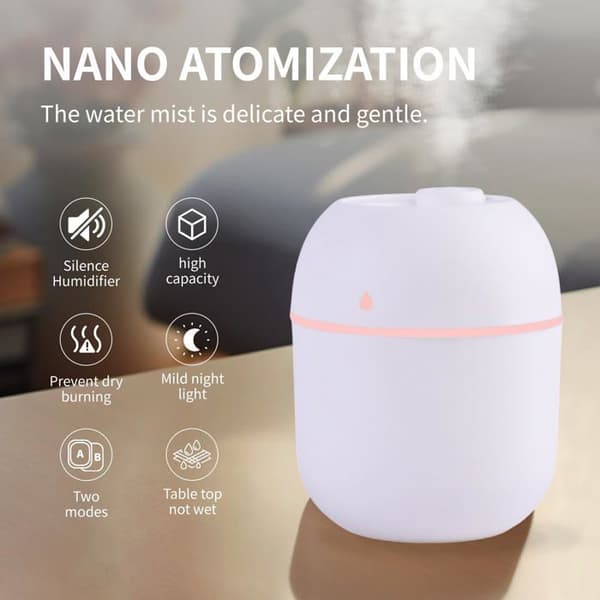 Mini-bærbar luftfugter - GRANDSALEY - 220 ml - Ultra-stille 20 dB - Multifarvet LED-nattelys - Nano-atomisering Blå