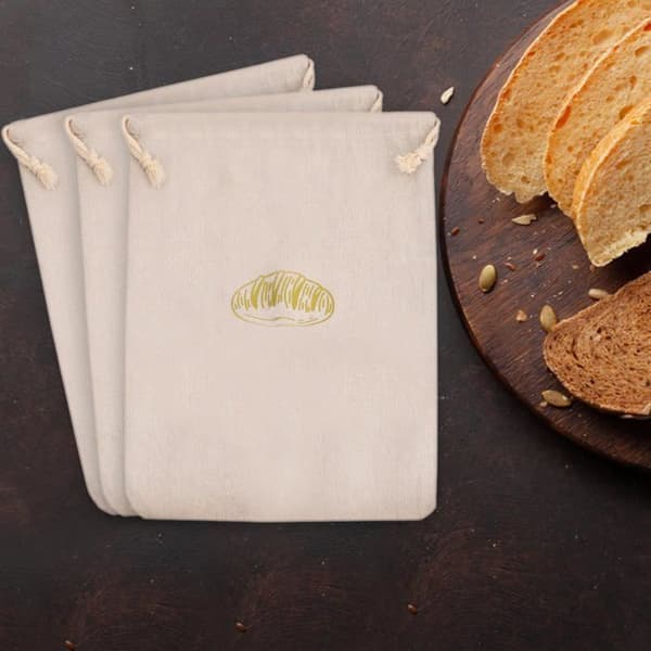 Set med 4 linbrödväskor med dragsnören - återanvändbara tygbrödväskor - 2 (30 x 40 cm) + 2 (14,5 x 63 cm)