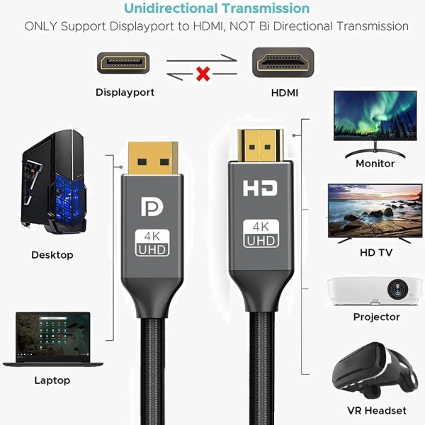 DP til HDMI-kabel 4K 60Hz GRÅ 1,8M Grey 1.8m